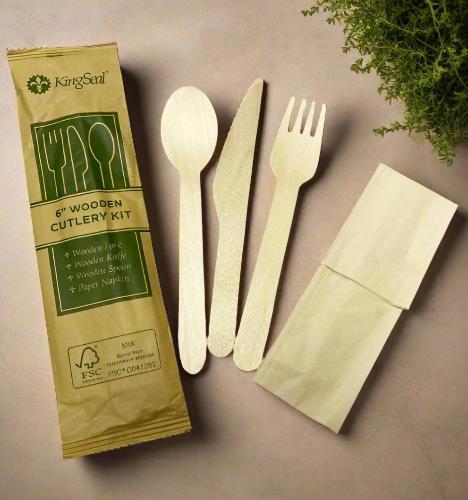 Disposable Wooden Cutlery Kits - Fork, Knife, Spoon & Napkin | 400 Kits (1200 Pcs Cutlery; 400 Napkins)